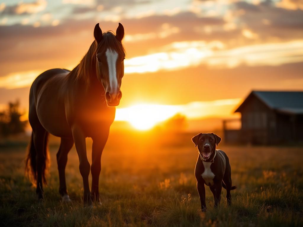 A horse and a ranch dog in a pasture at sunset