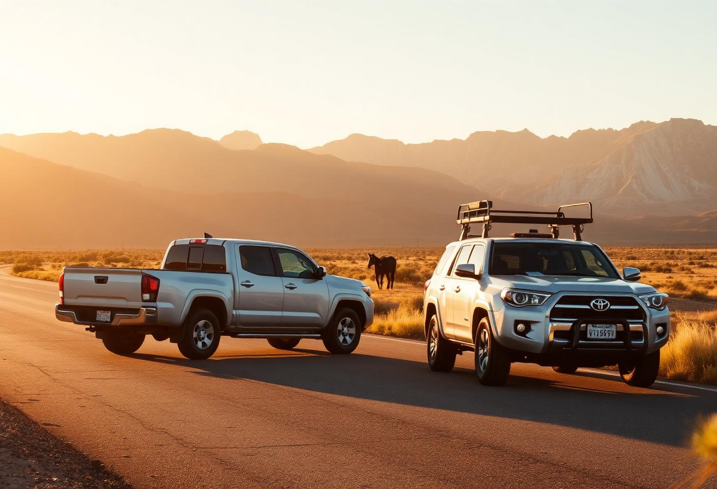 A pickup truck and family SUV parked on a rural western road at golden hour