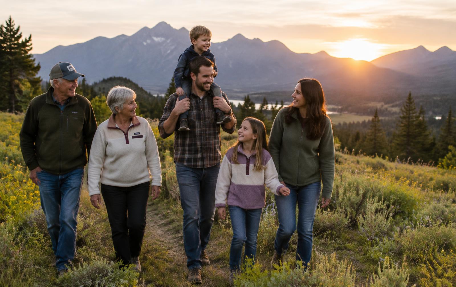 A multi-generation family walking a mountain trail