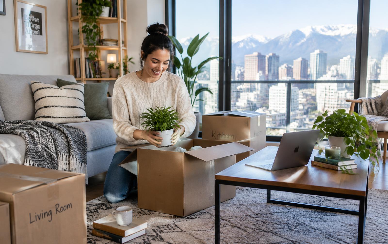 A renter unpacking in a bright apartment