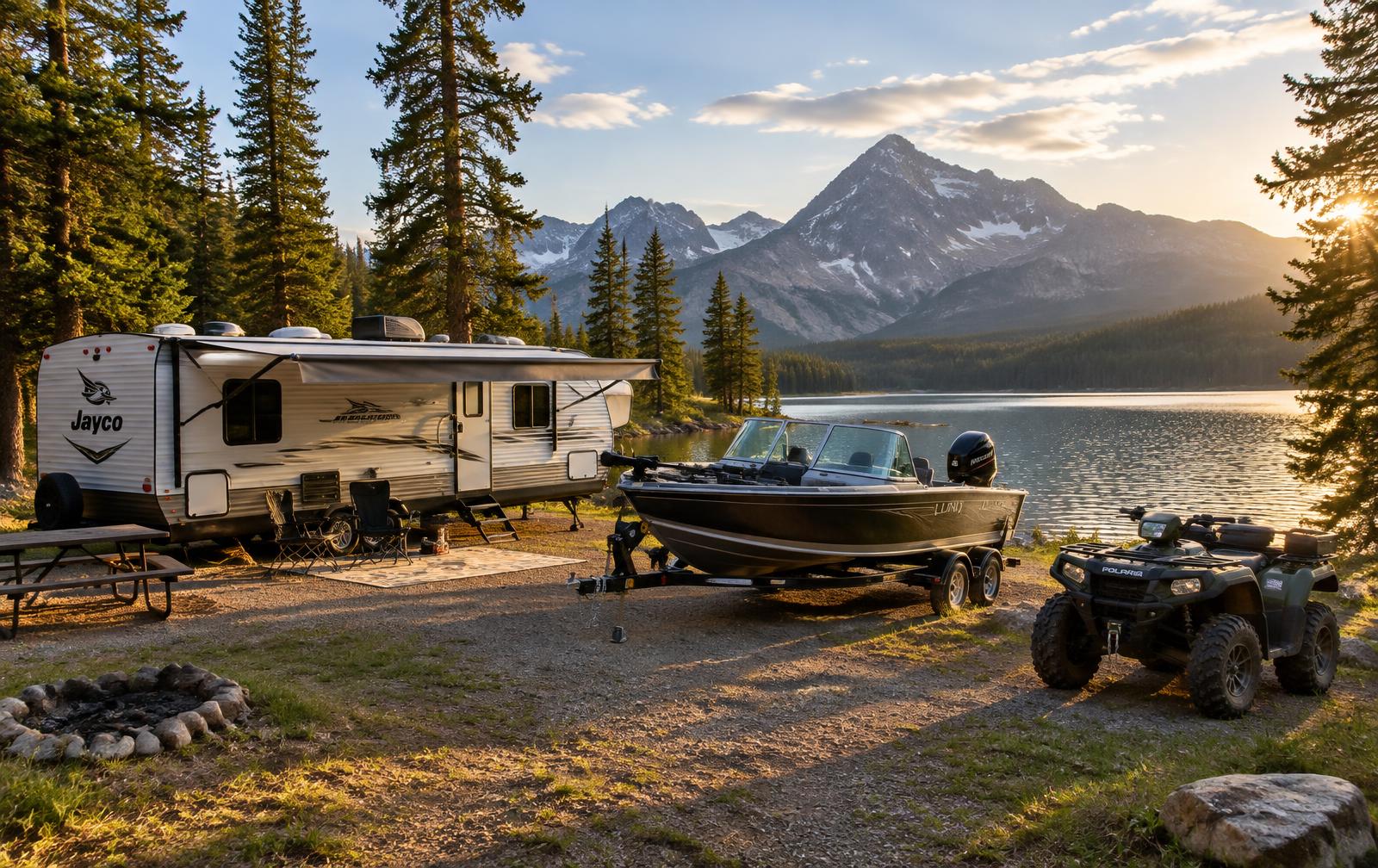 An RV, boat, and ATV at a lakeside campsite