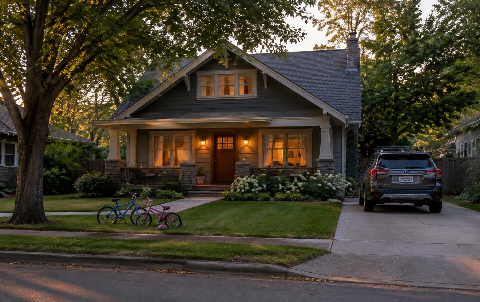 A family home with a car and bikes out front