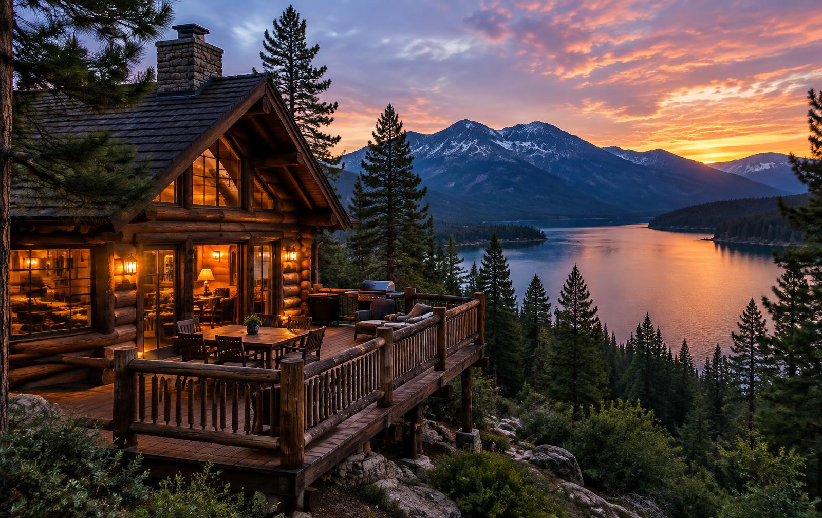 A log cabin overlooking a mountain lake