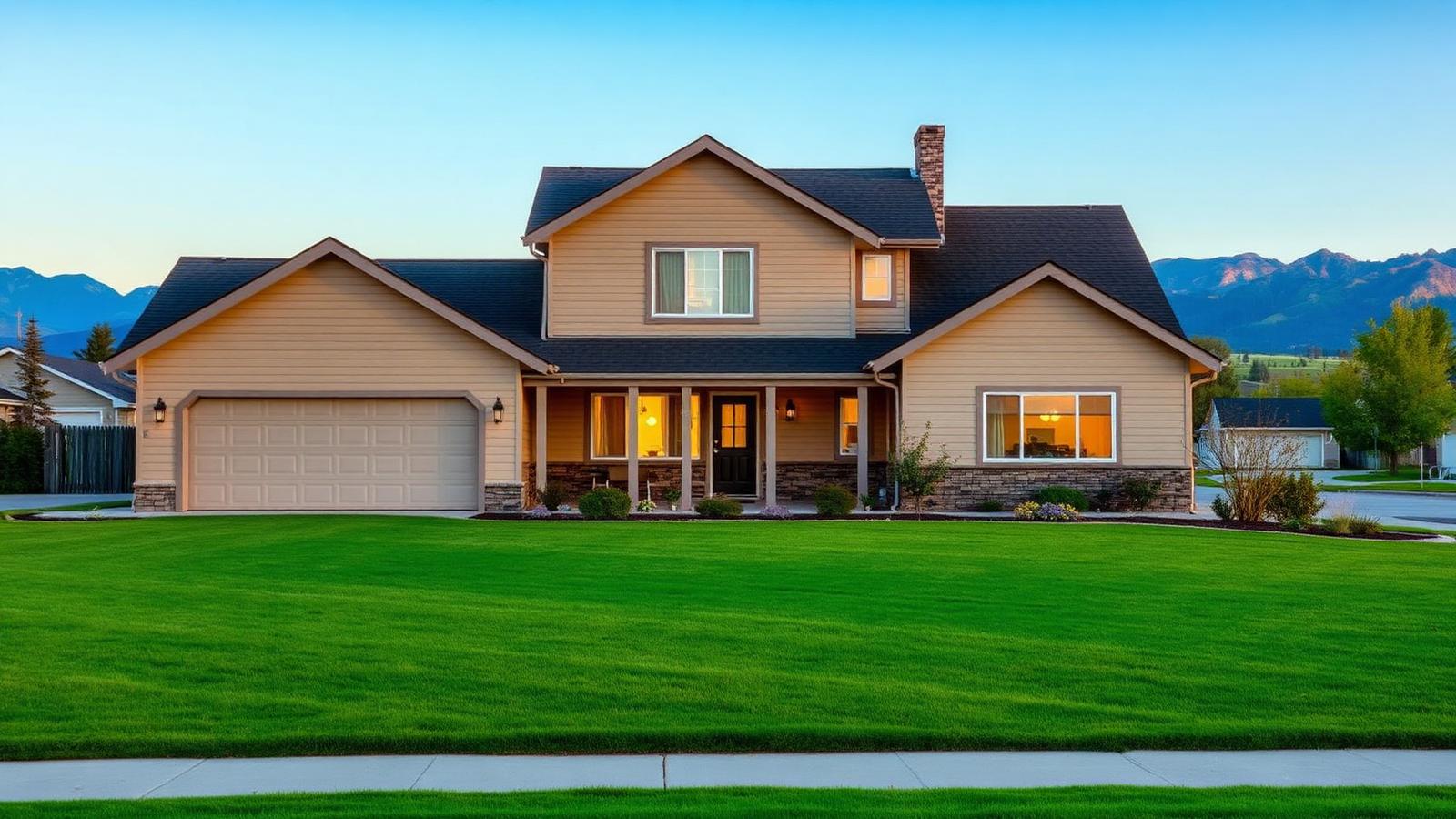 A family home with mountains behind it in southeast Idaho