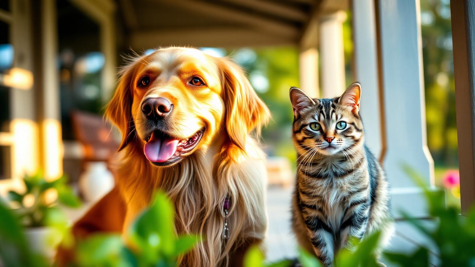 A golden retriever and a tabby cat on a country porch